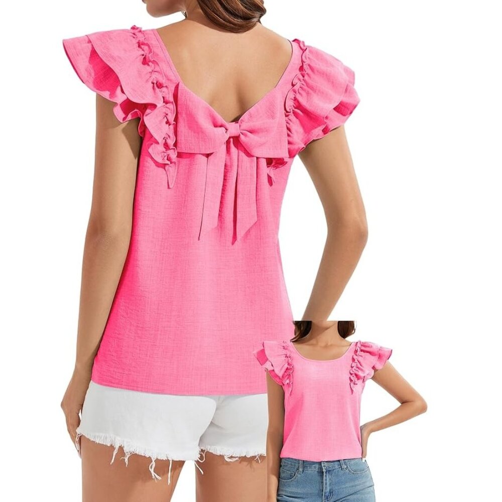 Women's Summer Tops Bow Tie Back Butterfly Sleeve Blouse